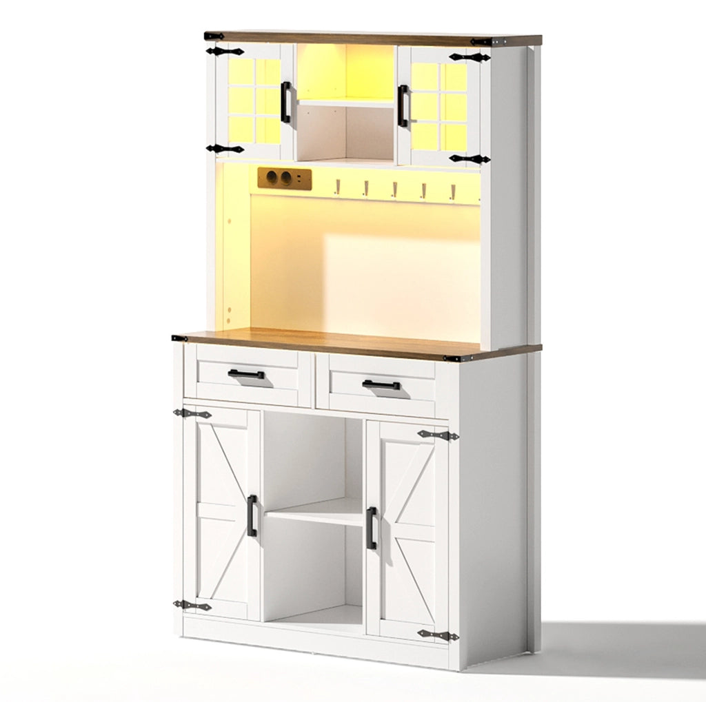 Mobile bar rustico con illuminazione LED regolabile, 2 ampi cassetti e ripiani regolabili, buffet da cucina bianco con design a porta da fienile