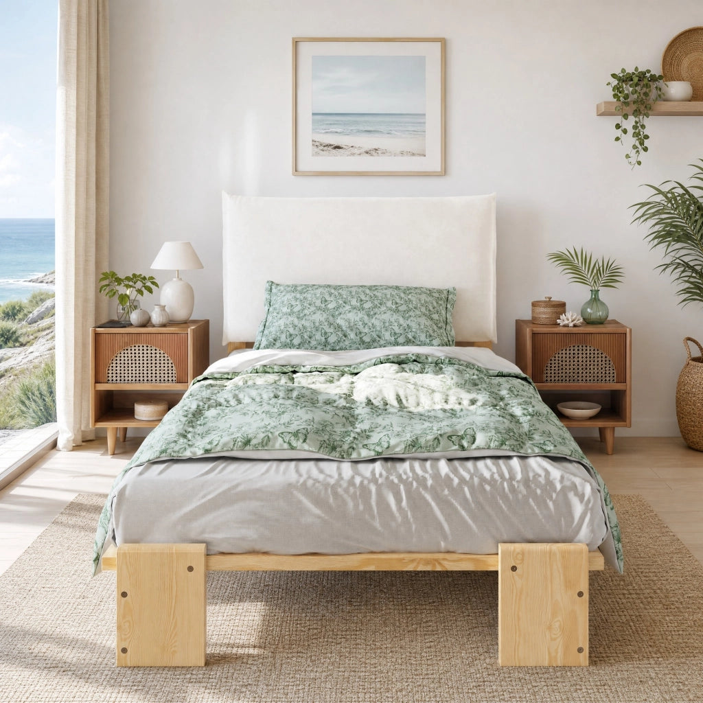 Letto singolo 90 × 200 cm con testiera imbottita con velcro rete a doghe gambe larghe in legno naturale senza materasso