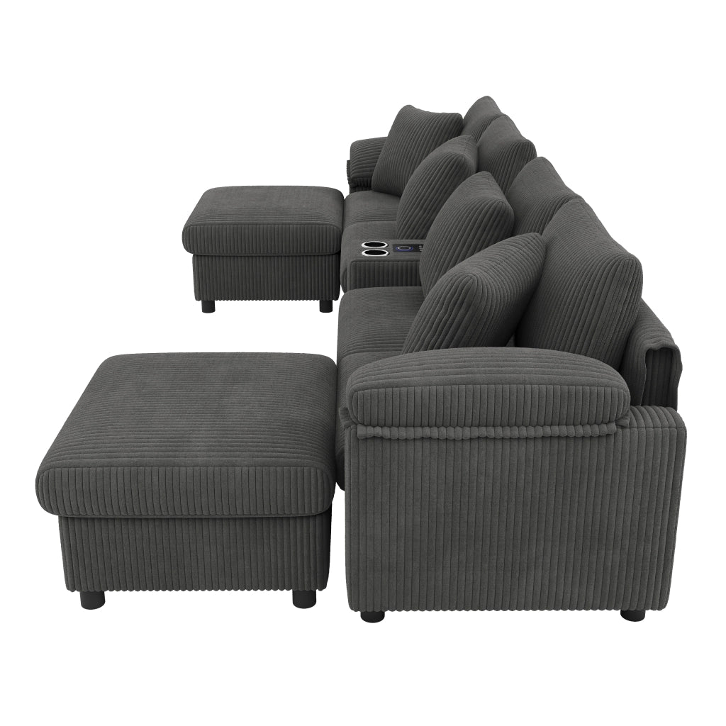 Divano modulare in corduroy grigio con Bluetooth; console e porte USB; 315;5 cm