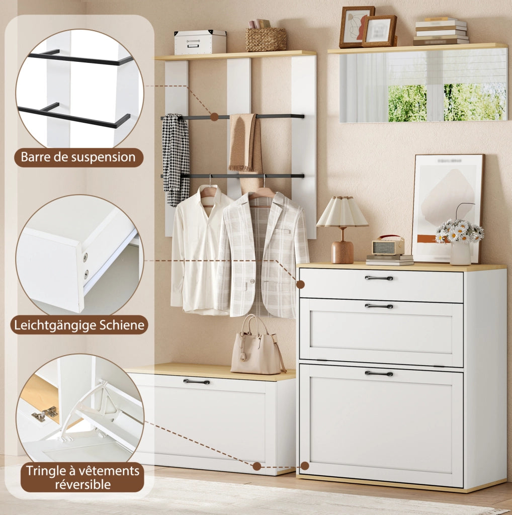 Set guardaroba modulare con specchio e panca porta scarpe bianco e legno 156x36x176 cm