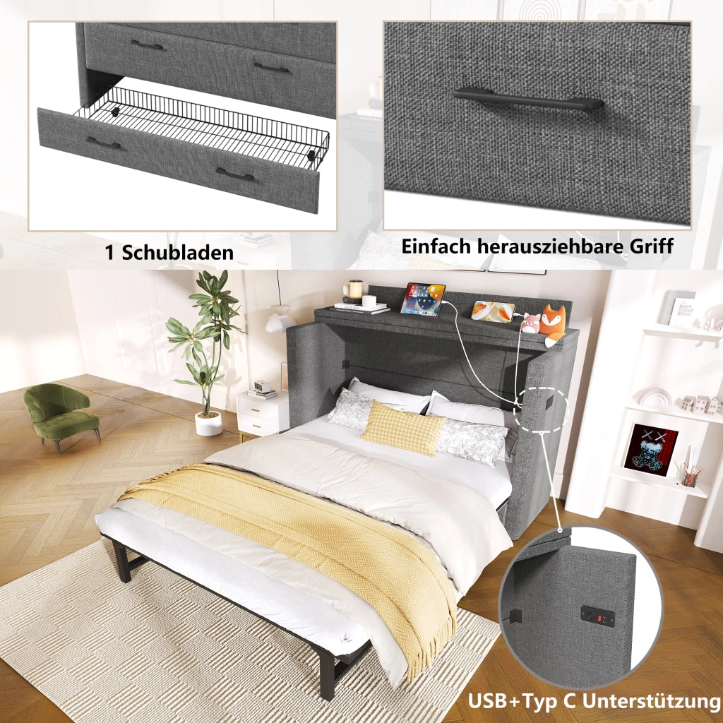 Letto a Scomparsa 140x200 cm in Lino con Cassetto; USB-C e Modulo Contenitore Mobile; Grigio