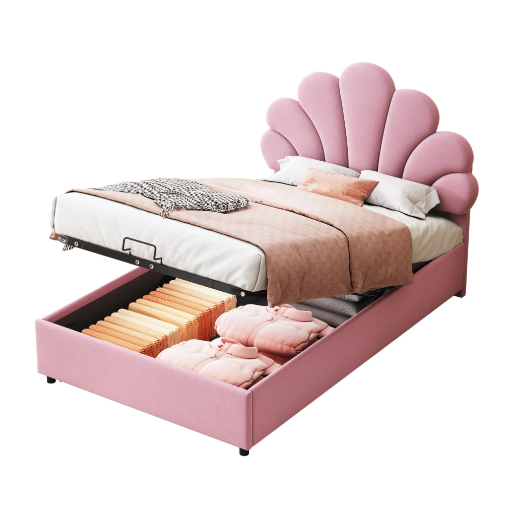 Letto contenitore 90 × 200 cm con testiera floreale imbottita in velluto rosa e rete a doghe