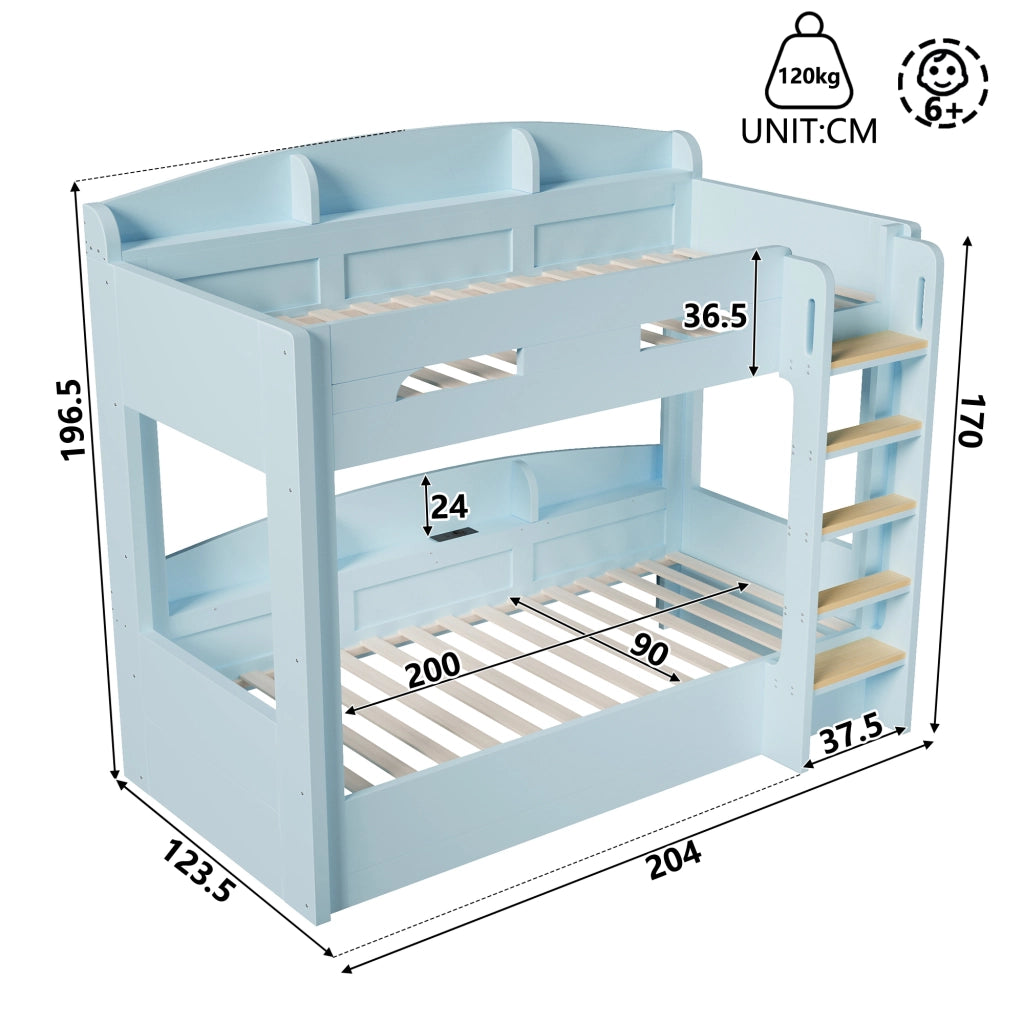 Letto a castello due posti 90 × 200 cm con presa USB e ripiani laterali in legno e MDF blu