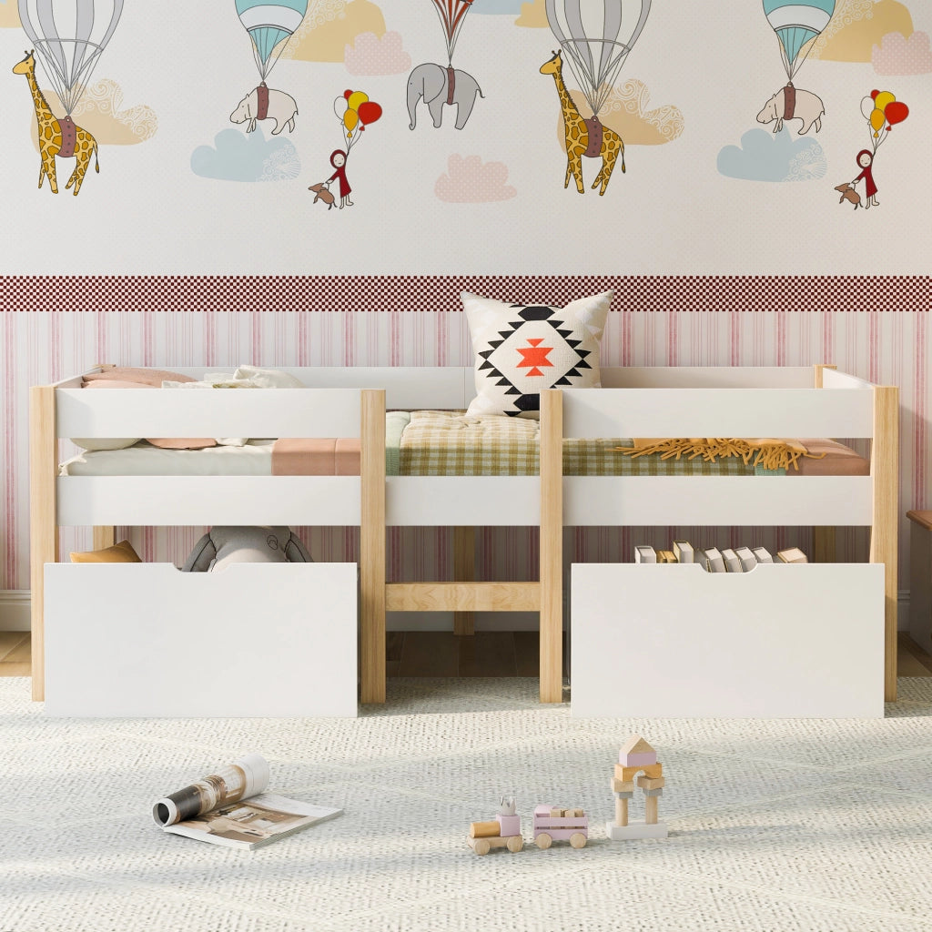 Letto a soppalco 90 × 200 cm con due cassetti e barriera di protezione in legno bianco