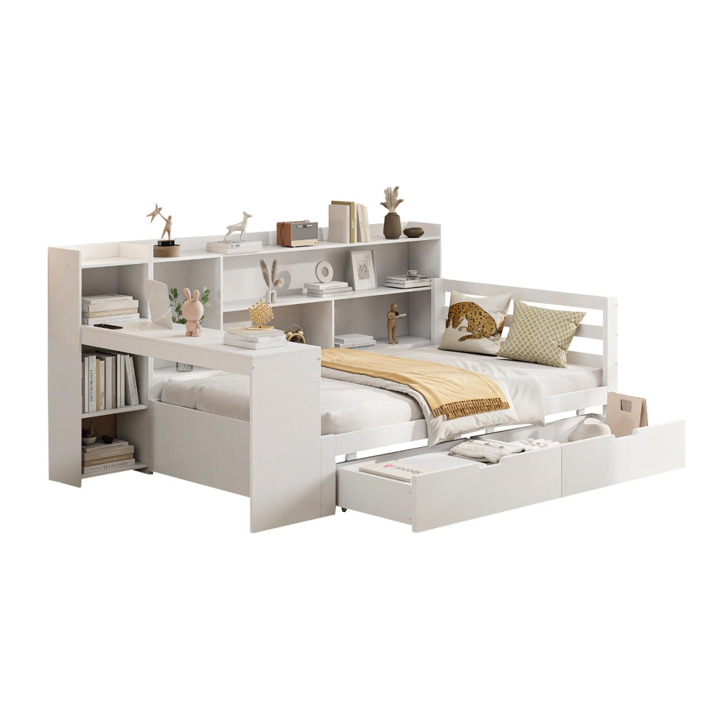 Letto con cassetti 90 × 200 cm con scrivania scaffali prese USB e di corrente rete a doghe in legno bianco