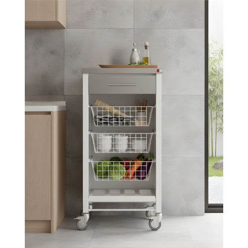 Carrello da cucina CHELSEA con ruote – Piano in acciaio inox, 3 cestelli, cassetto e portabottiglie
