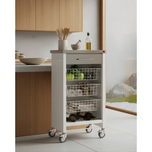 Carrello da cucina CHELSEA con ruote – Piano in acciaio inox, 3 cestelli, cassetto e portabottiglie