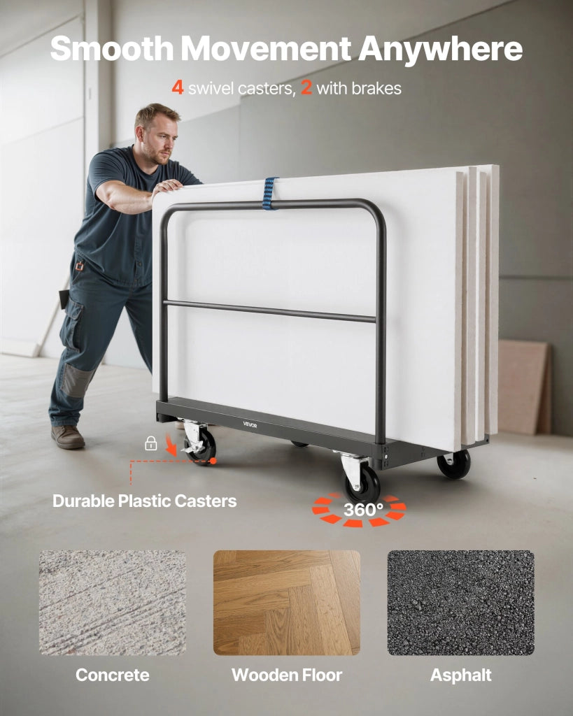 Carrello per Cartongesso e Pannelli in Acciaio DT02, Carico 816 kg, Ruote Girevoli, 3 Corrimano, 91,4x61 cm, Robusto per Officina e Garage, Nero