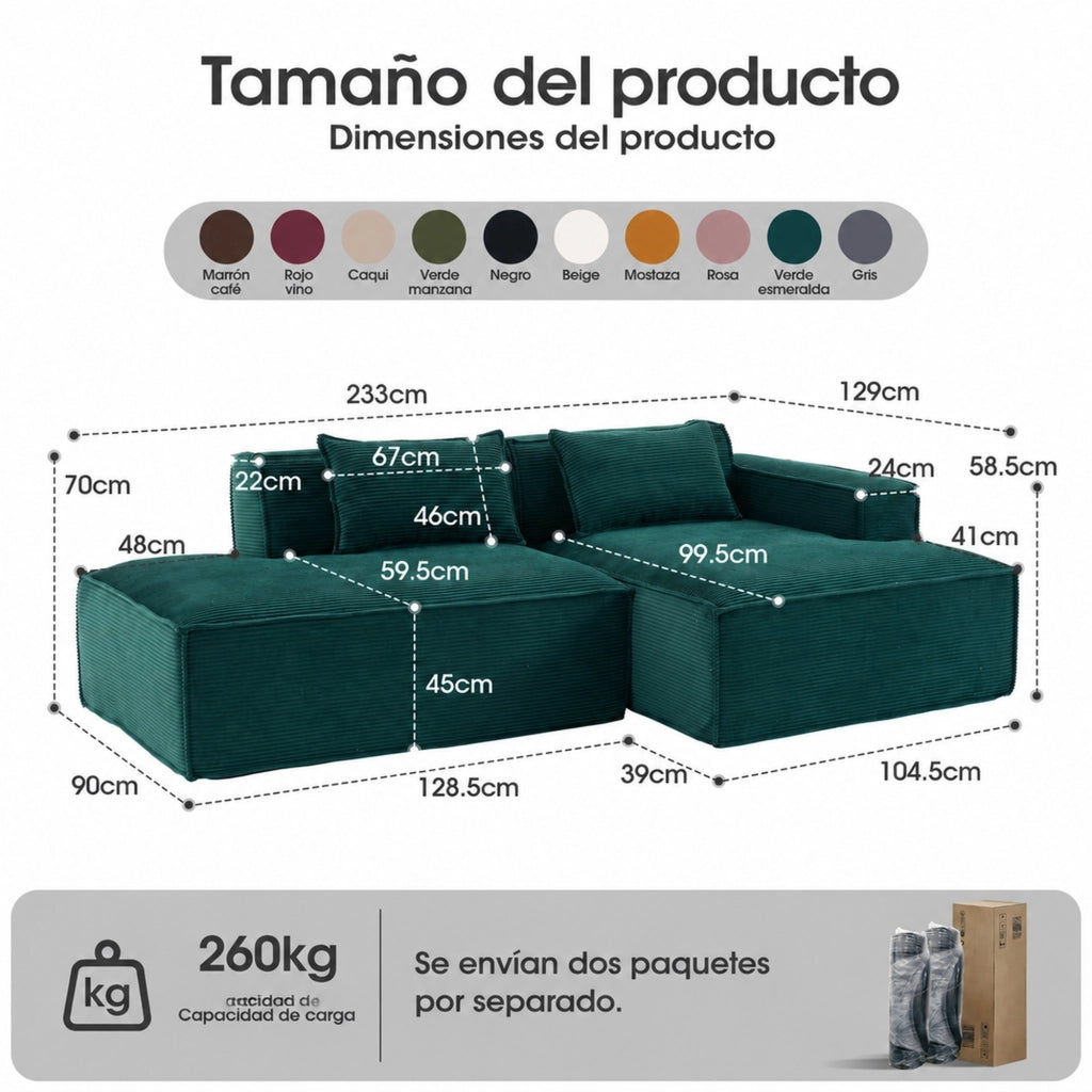 Divano ULEVR 235x129x70 cm imbottito in poliestere verde retr¨° con 2 cuscini