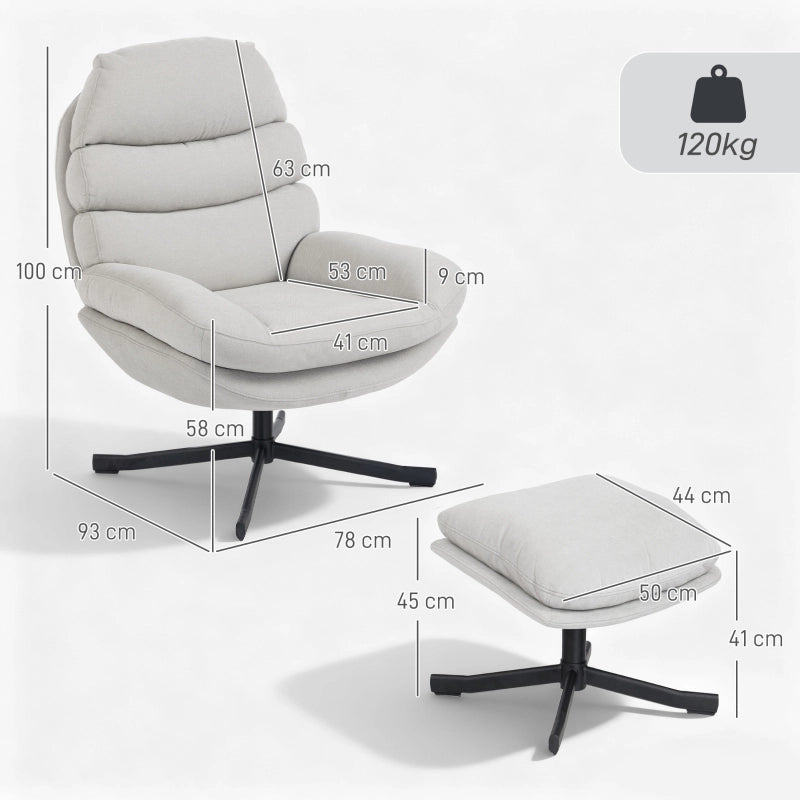 Fauteuil con pouf girevole a 360° con schienale alto e seduta ampia in tessuto chenille bianco crema