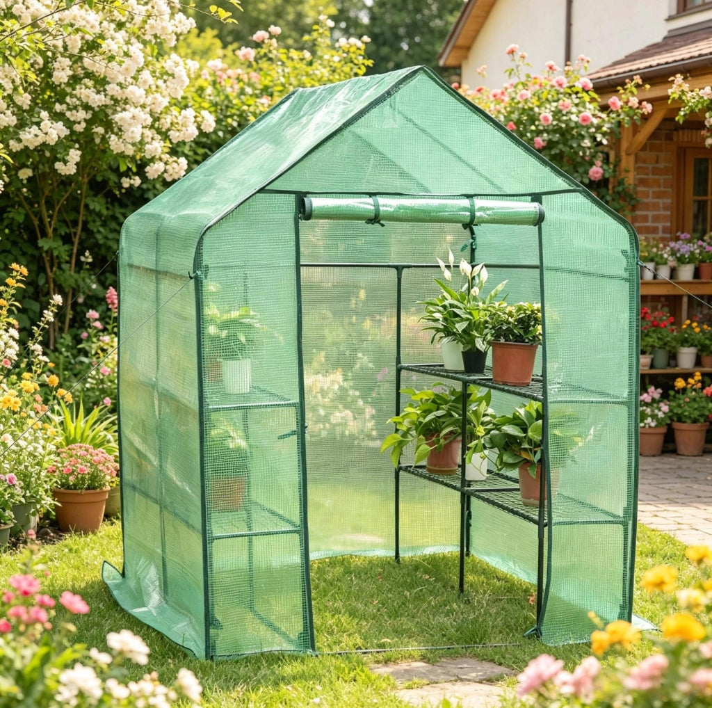 Serra da giardino 143x143x195 cm in acciaio e PE verde con porta zip –