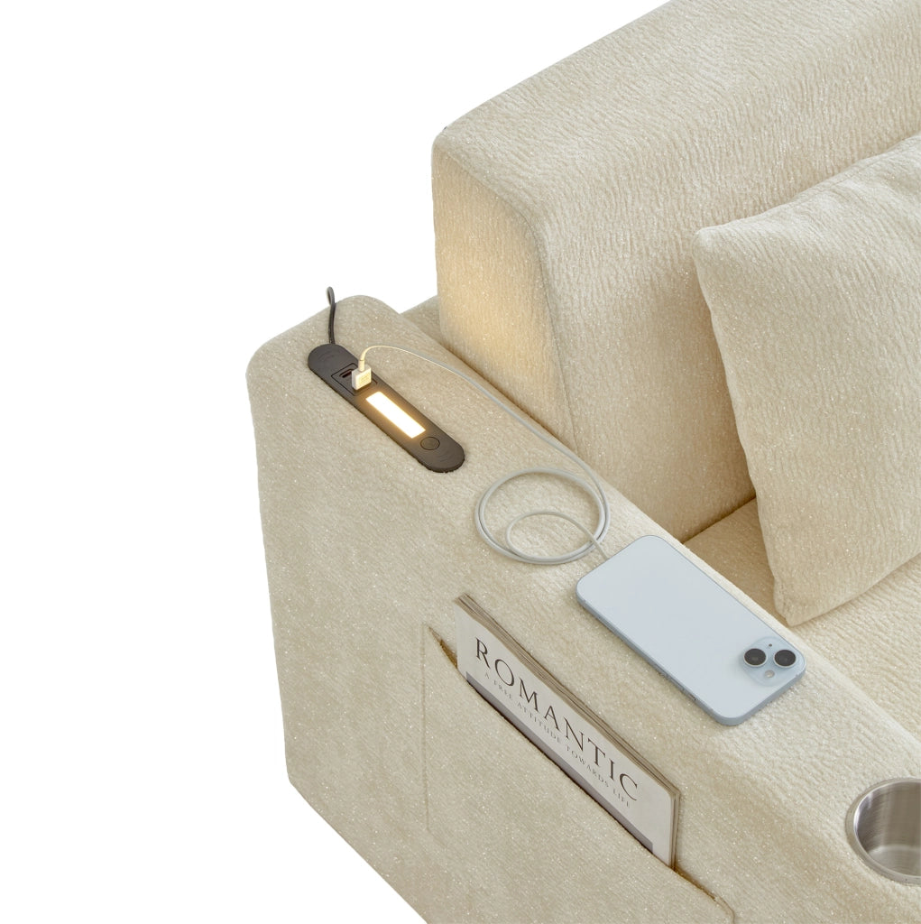 Divano letto 2 posti pieghevole 2 in 1 in ciniglia beige con porte USB HOMVRA