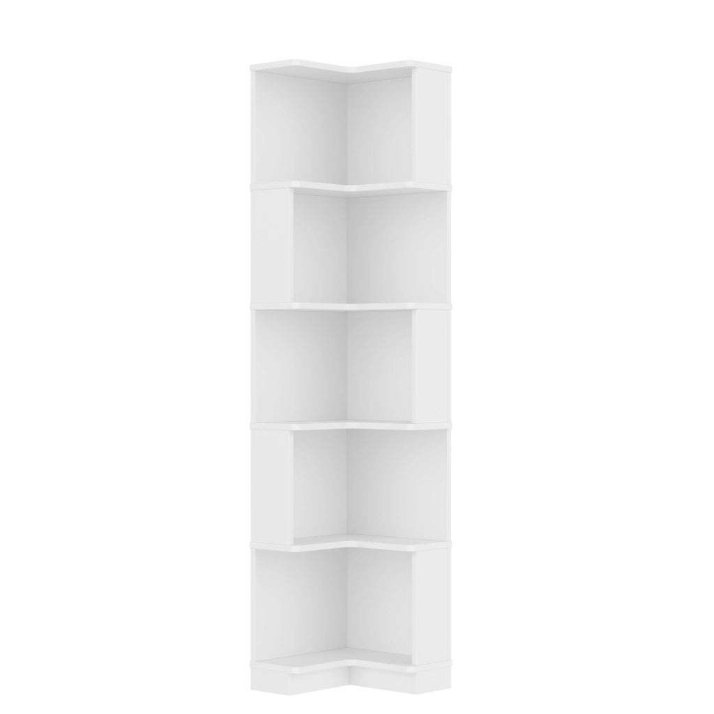 Libreria Angolare Bianca Scaffale a Forma di L con Luci LED e 5 Ripiani