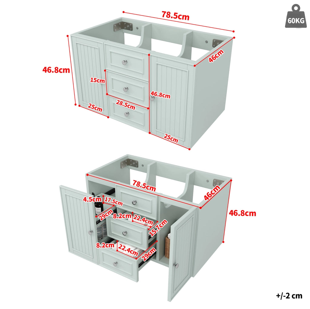 Mobile sottolavabo sospeso verde in MDF con cassetti e vano, 78,5 cm