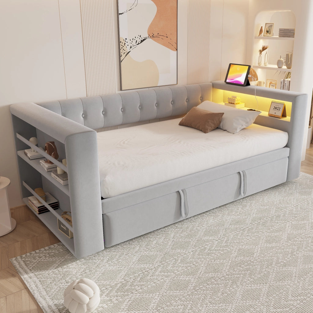 OKWISH Letto Divano 90×190 cm e 180×190 cm, Letto Singolo con LED Multicolore, Prese e Contenitori, senza Materasso, Grigio Chiaro