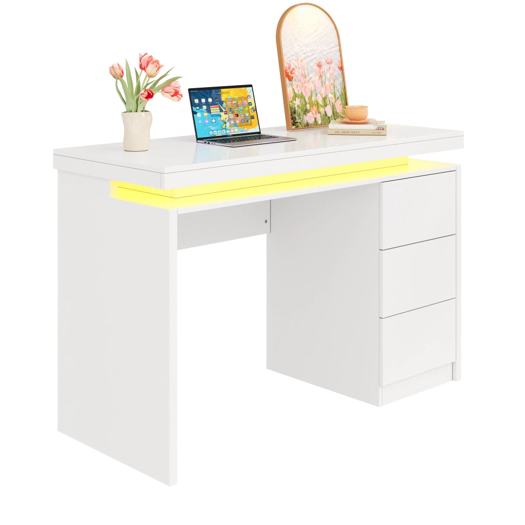 Scrivania Moderna con LED 120x50x78,5 cm, Piano Ampliato, 3 Cassetti, Gambe Rinforzate, Illuminazione Regolabile per Home Office