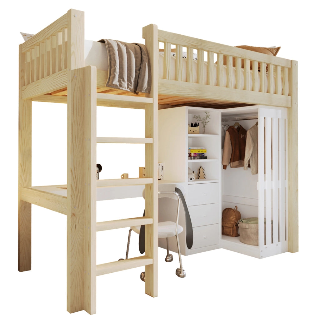 Letto a soppalco in legno di pino 90x200 cm con scrivania, armadio, 3 cassetti, scala e sponde, colore naturale