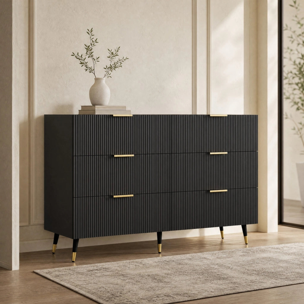 Credenza ULEVR 120x40x77 cm con 6 cassetti, gambe e maniglie dorate, finitura nera, per soggiorno