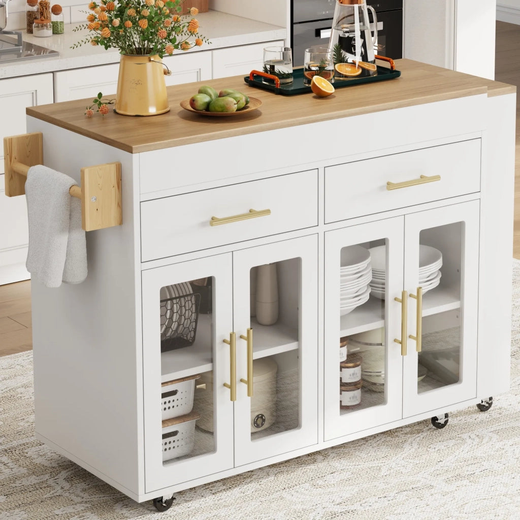 Isola Cucina con Ruote, Tavolo Bar Estensibile, Mobile con Ante in Vetro, Cassetti e Ripiano, Bianco, 132,5-217 x 50 x 93 cm