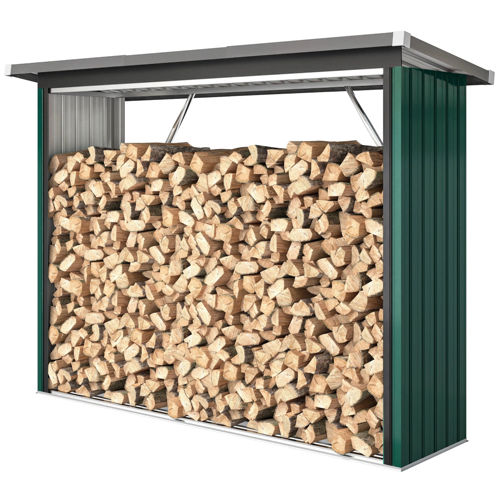 Casetta per Legna in Acciaio Galvanizzato con Base Elevata e Tetto Inclinato ¨C zephmum ¨C Verde 213x66,5x150 cm
