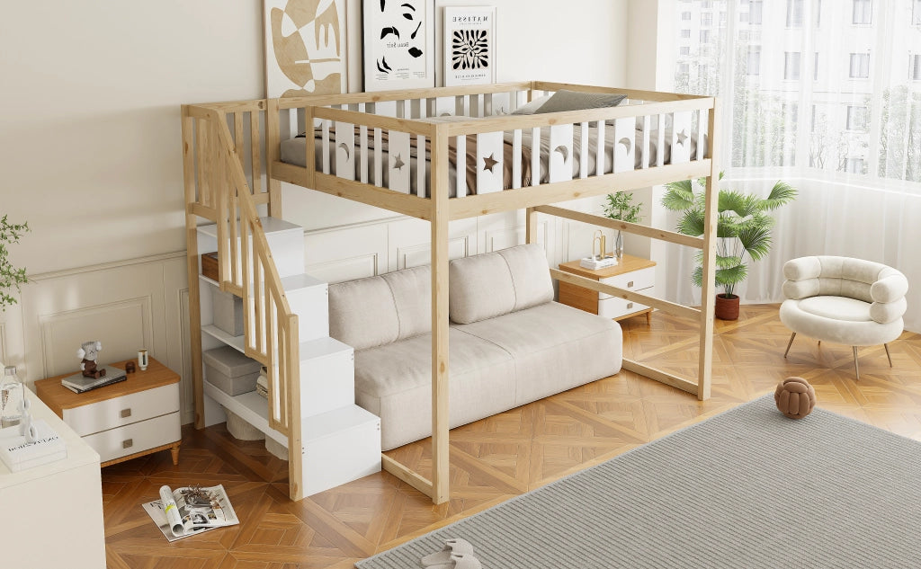 Letto a soppalco per bambini 140 × 200 cm con scala ripiani area divano e decorazioni luna e stelle in legno