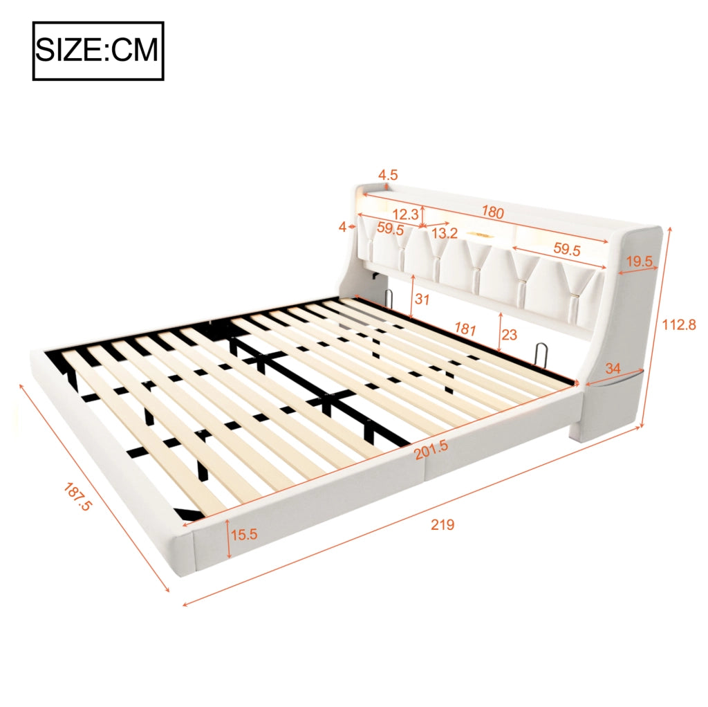 Letto matrimoniale imbottito 180x200 cm in velluto beige con testiera multifunzione e LED
