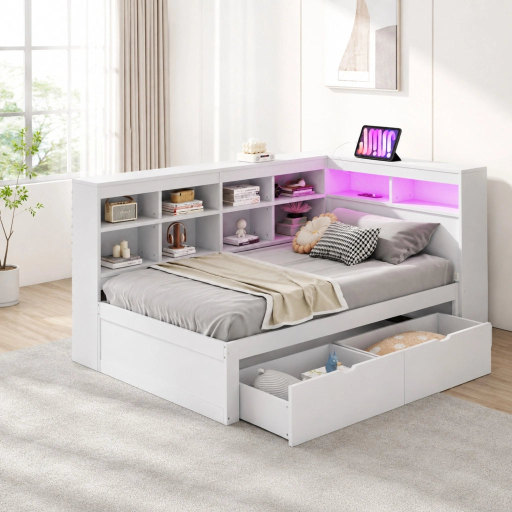 Divano letto singolo multifunzione 90x200 cm in legno massello; bianco; con LED e USB