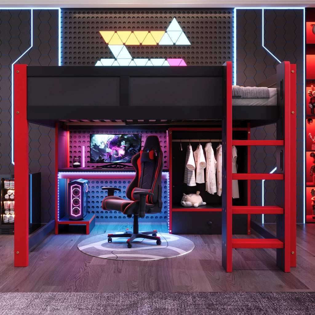 Letto a soppalco 140 × 200 cm con scrivania gaming armadio cassetti ripiani LED RGB scala in legno nero e rosso