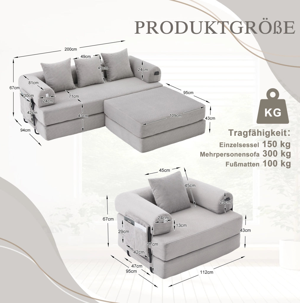 Divano modulare in corduroy con pouf; grigio chiaro