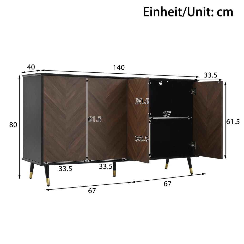 Credenza e madia con 4 ante, ripiani regolabili e chiusura ammortizzata, in MDF nero e marrone, 140 × 40 × 80 cm
