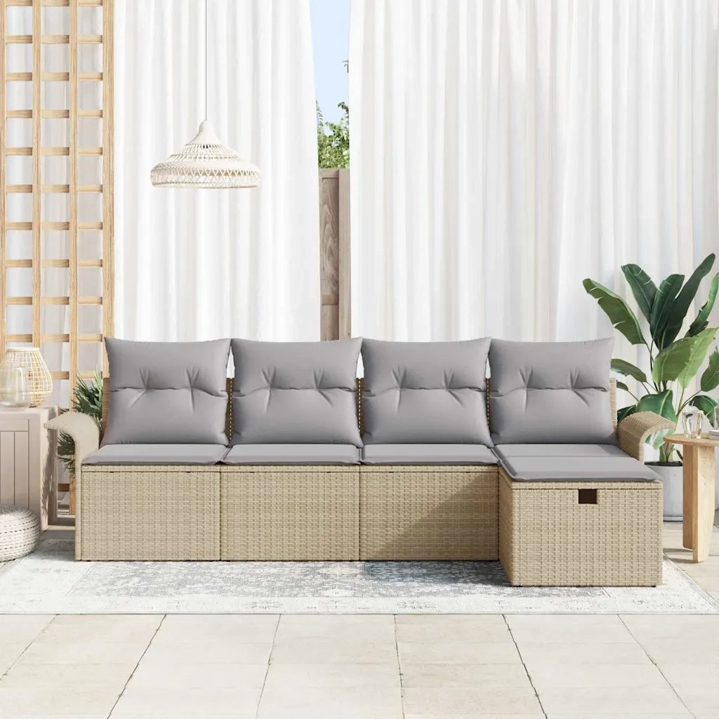 Set Divano da Giardino con cuscino 5 pcs Beige Poly Rattan