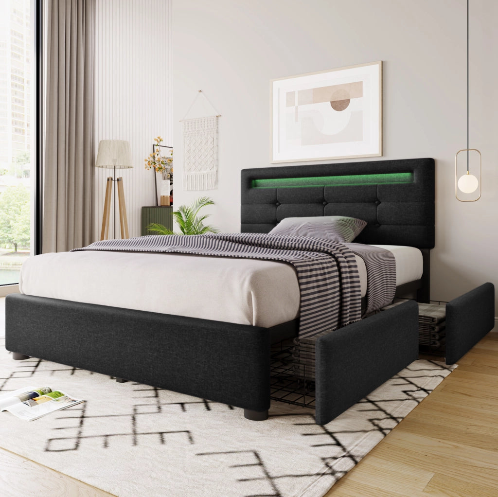 Bettiera imbottito con LED; 2 cassetti; 90x200 cm; nero