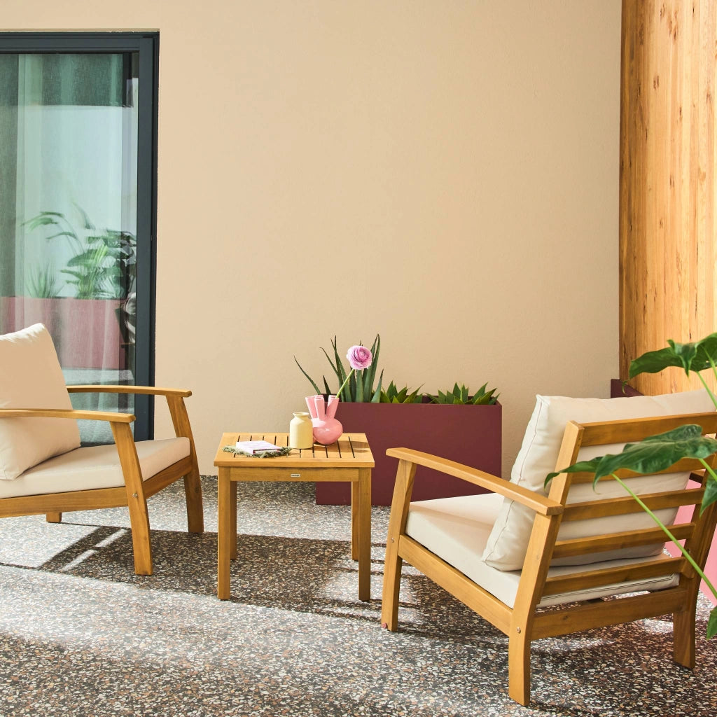 Salotto da giardino in legno di acacia, 2 posti, ecrù