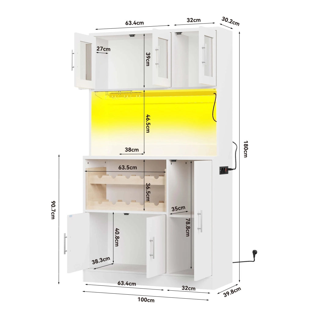 Dispensa da cucina bianca 100x40x180 cm con ante in vetro, LED RGB e presa elettrica, portabicchieri e scaffale vino, mobile alto moderno