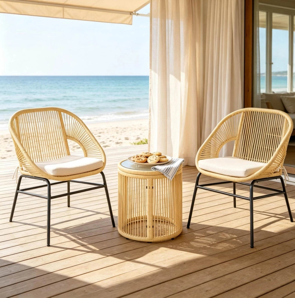 Set balcone beige con 2 poltrone e tavolo rotondo