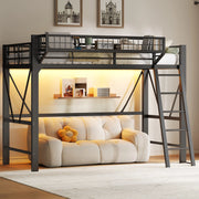 Letto a soppalco 90 × 200 cm 1 posto con LED a 7 colori, cestino laterale e barriere, senza materasso, nero