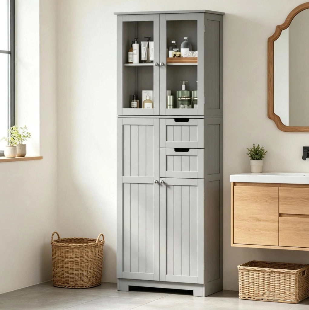 Mobile bagno 60x30x170 cm in MDF grigio, 4 ante e 2 cassetti, stabile –