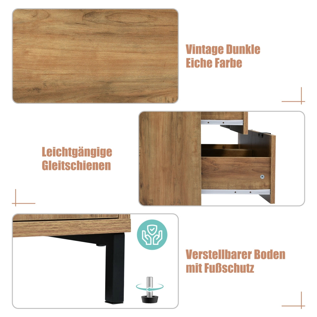 Cassettiera industriale con 6 cassetti e piedini regolabili per camera da letto, rovere scuro, 120 × 40 × 76 cm