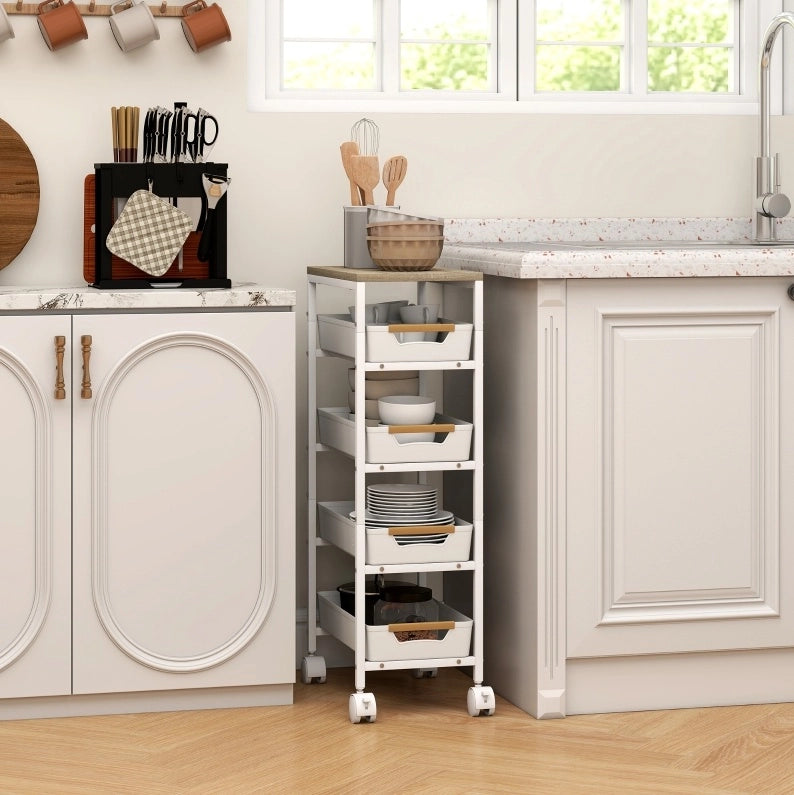 Carrello da cucina salvaspazio a cinque livelli con cassetti e ruote
