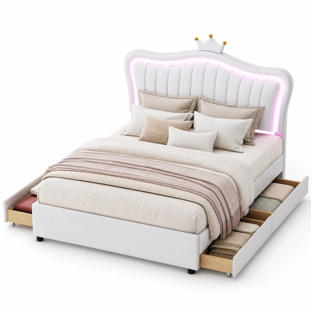 Letto imbottito a forma di conchiglia con LED e 4 cassetti