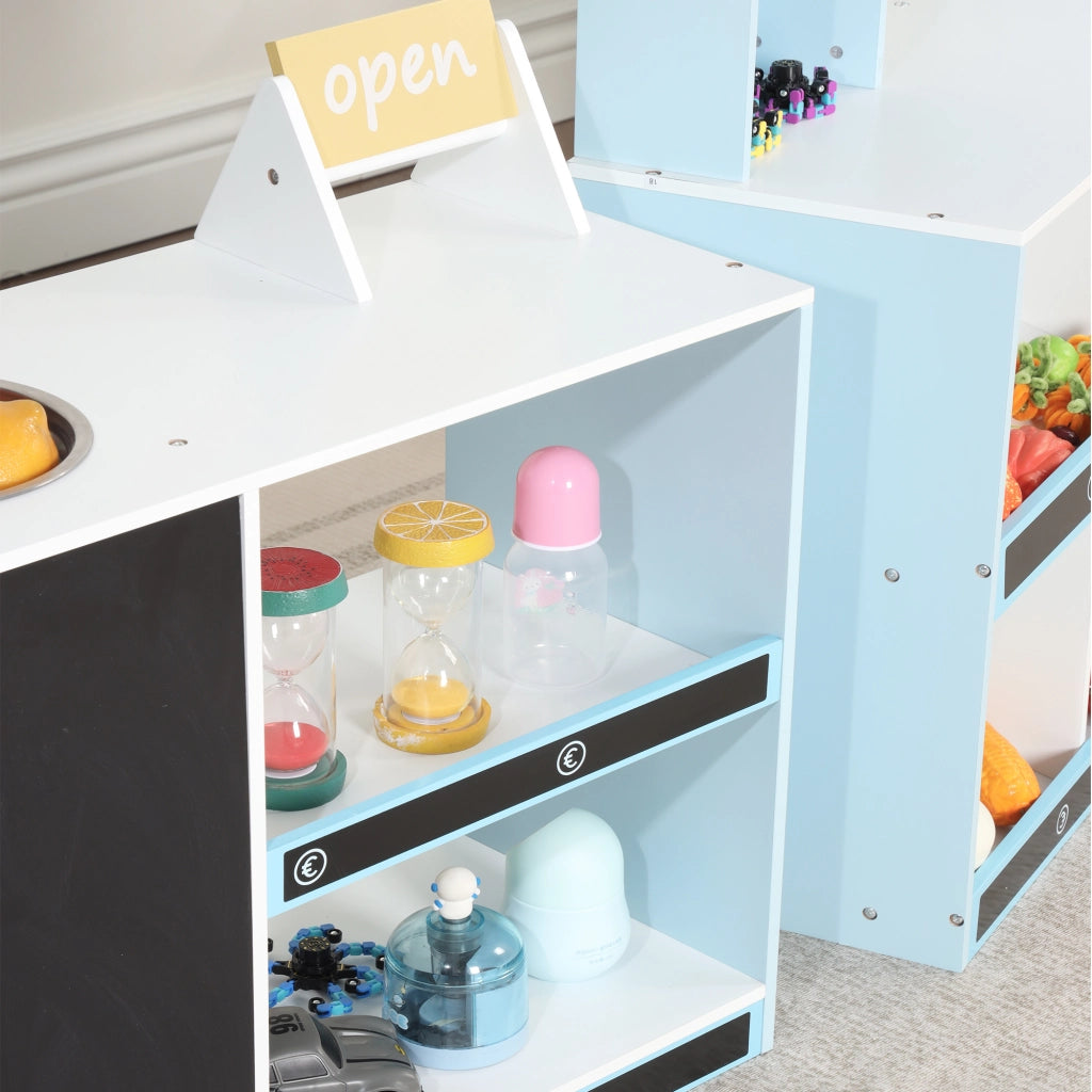 Negozio giocattolo per bambini multifunzione con scaffali frigorifero lavagna scrivibile e rubinetto in MDF blu
