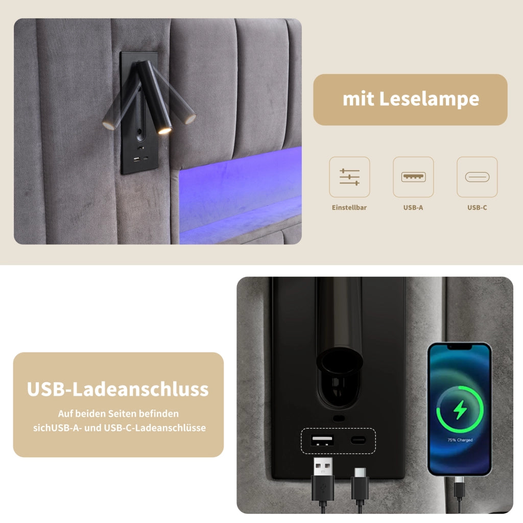 Letto contenitore 180 × 200 cm imbottito con LED porte USB lampade da comodino rivestito in velluto grigio