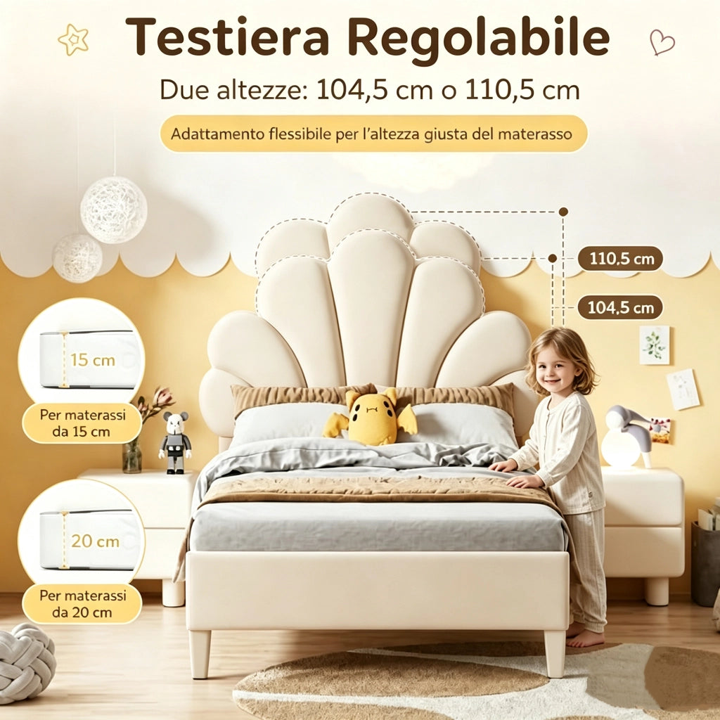 Letto Singolo per Bambini 90x200cm;Letto imbottito con Testiera Regolabile a Forma di Petalo;per Bambini; Adolescenti;Velluto Beige; senza Materasso