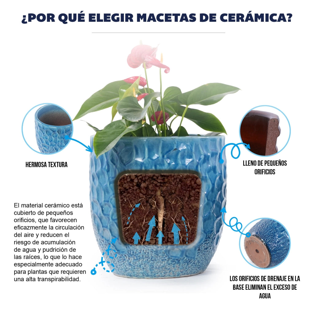 Vaso per piante ULEVR in ceramica ? 30 cm blu lucido con rilievo martellato e foro di drenaggio