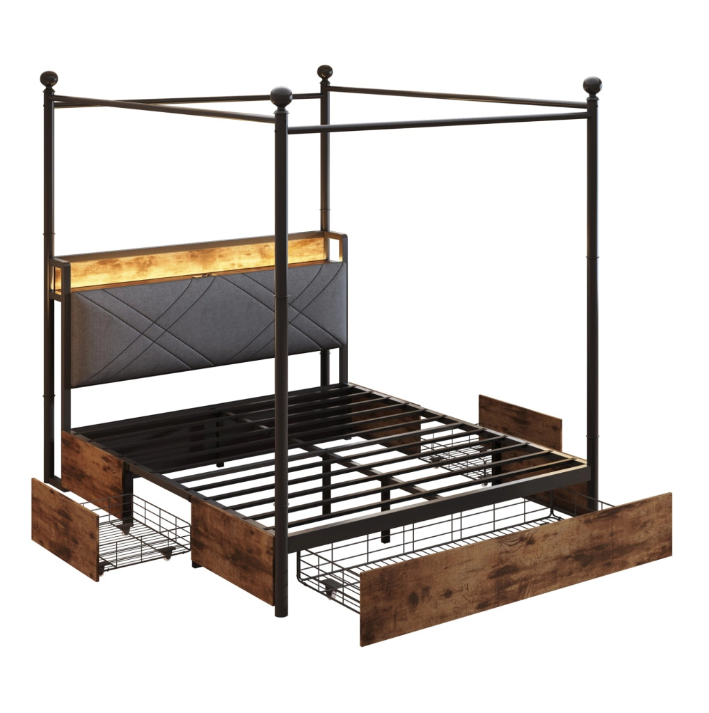 Letto multifunzionale 140x190 cm in ferro; baldacchino removibile; LED; USB e Type-C; nero