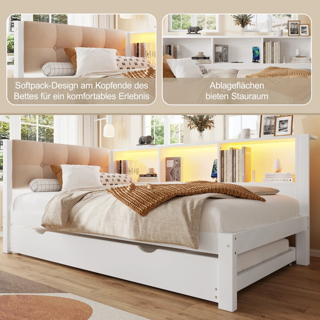 Letto singolo 90 × 200 cm con letto estraibile legno bianco ripiani laterali USB e luce LED dimmerabile