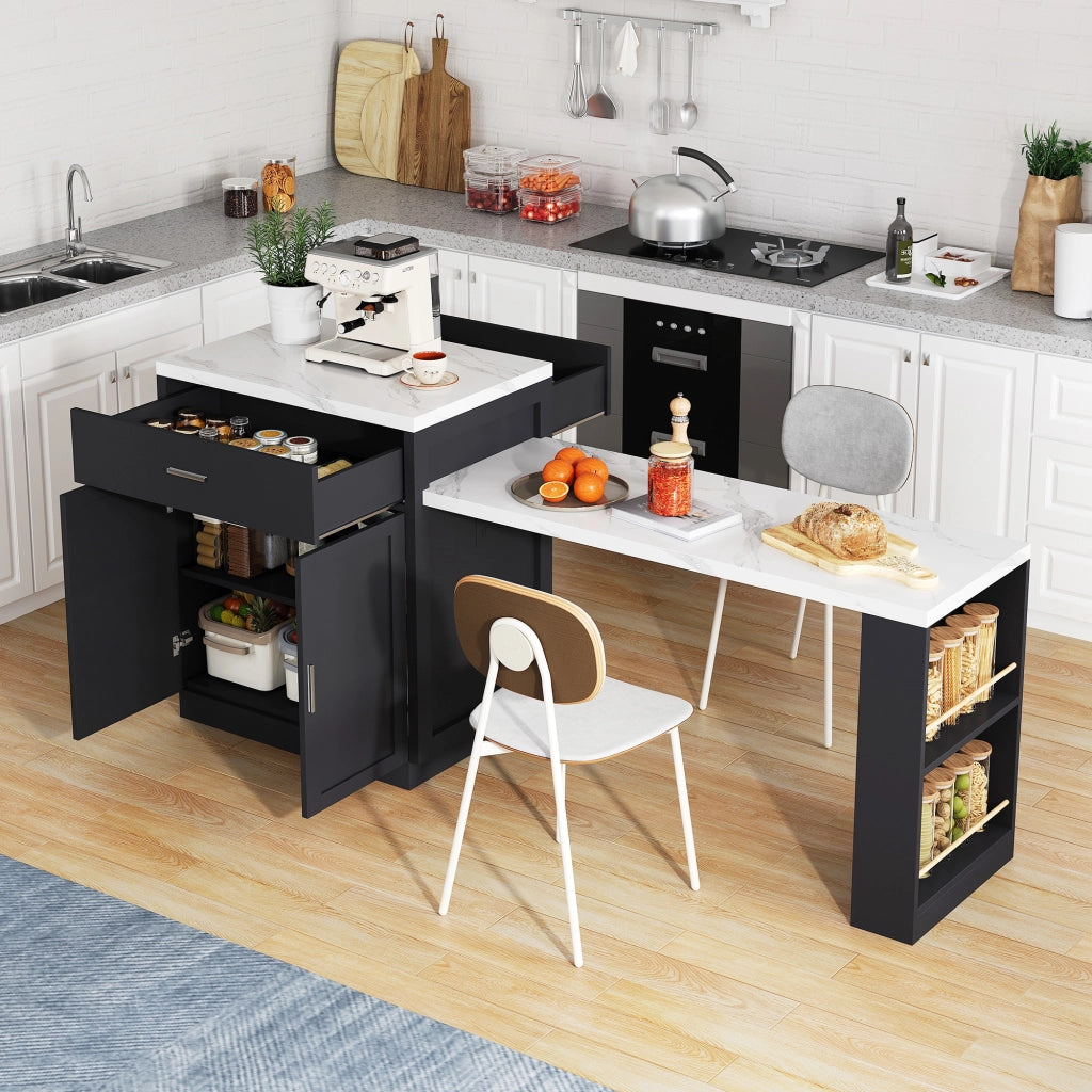 Mobile base da cucina con tavolo estraibile per 2–6 persone; prese USB; nero 211 × 55 × 89.5 cm