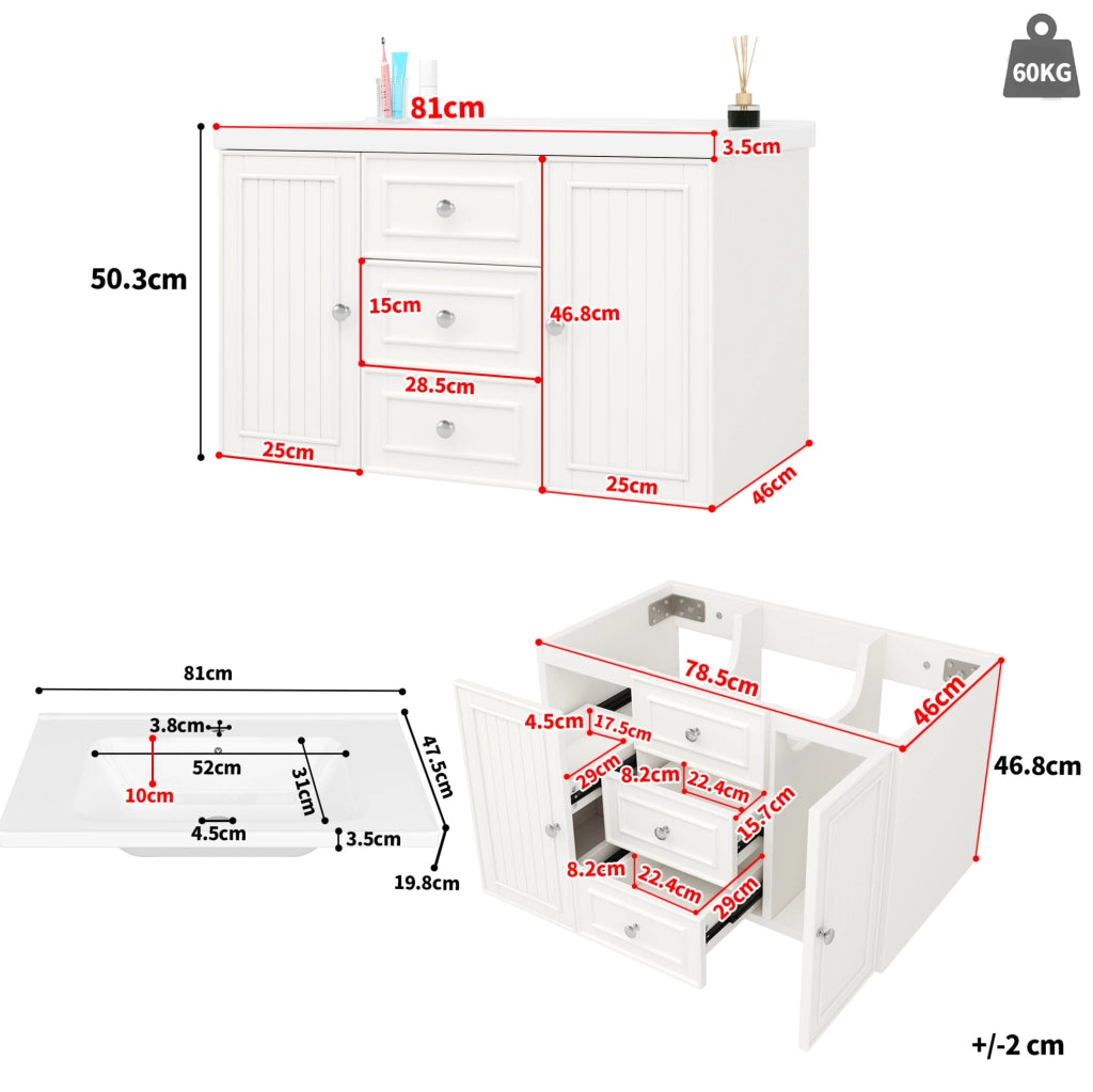 Mobile bagno sospeso 78;5x46 cm bianco MDF con lavabo e 3 cassetti