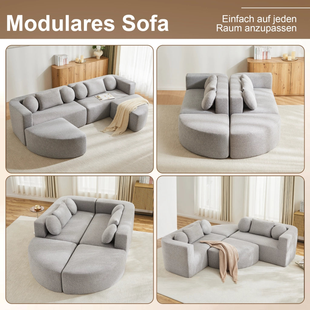 Divano letto modulare in ciniglia grigio con imbottitura elastica già compresso senza montaggio 68 × 292 × 165 cm