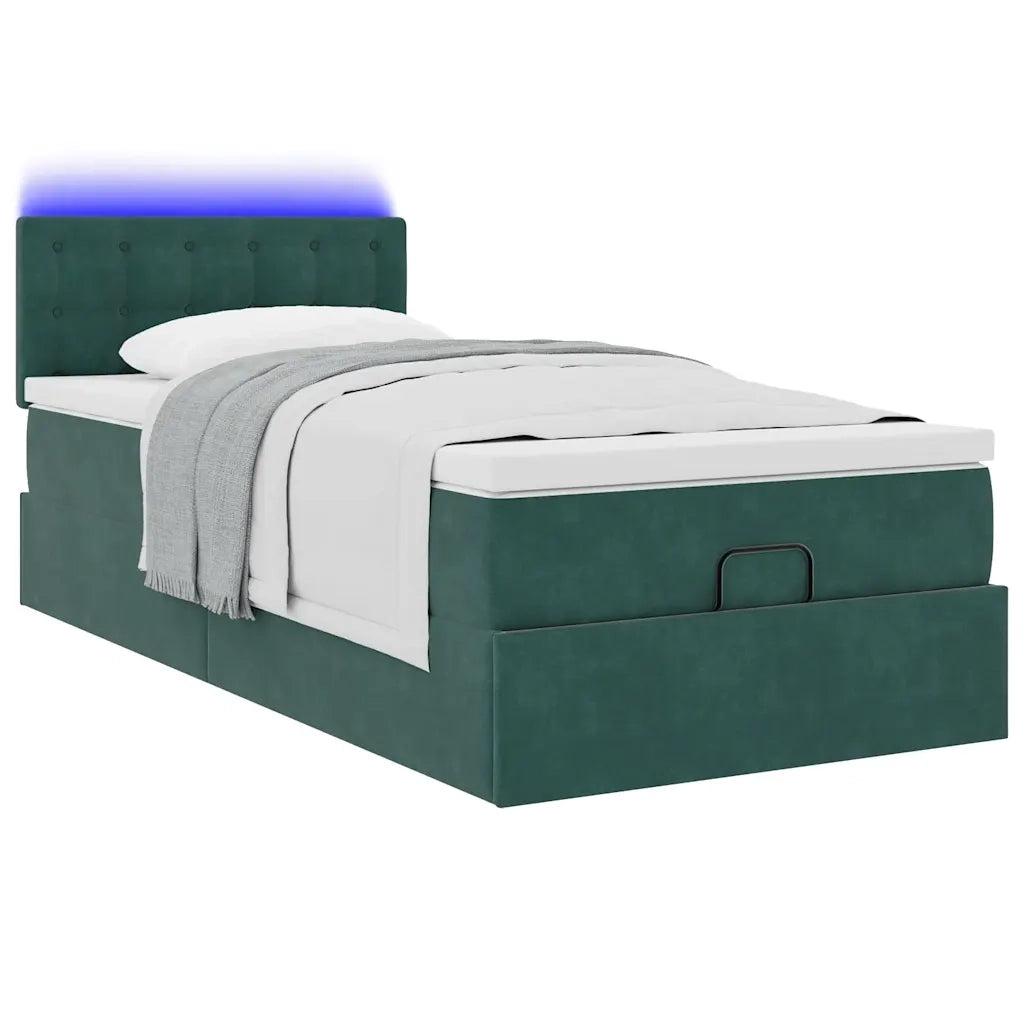 Pouf Letto con Materasso e LED Verde Scuro 90x200cm in Velluto